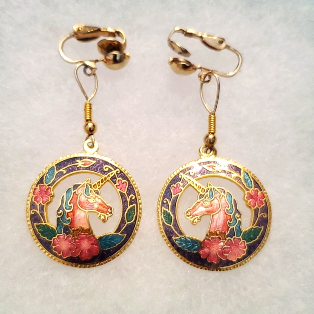 Vintage unicorn mosaic dangle earrings